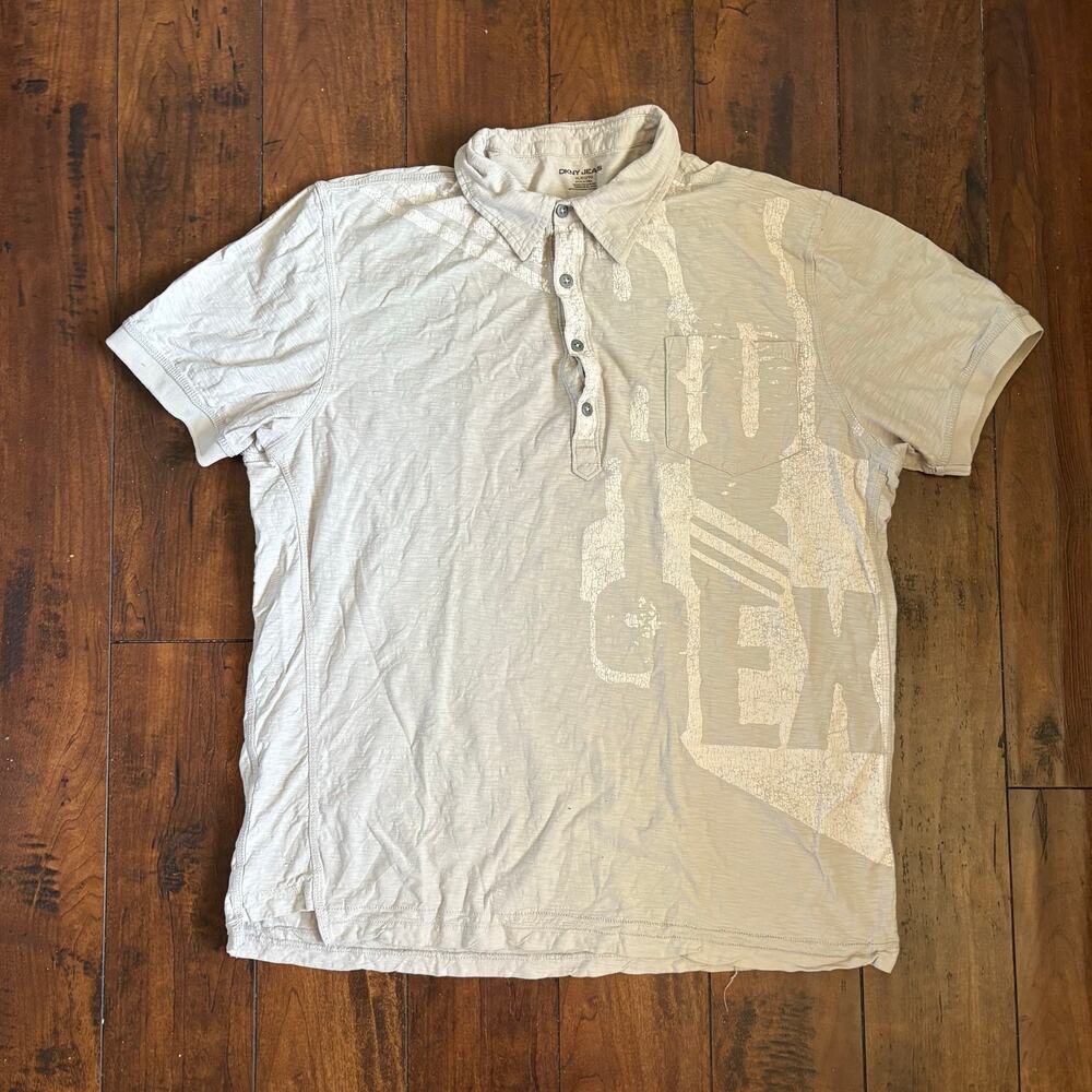 Y2K Skater DKNY Jeans Polo Shirt Mens XL Gray 2000s Grunge Collared 100% Cotton